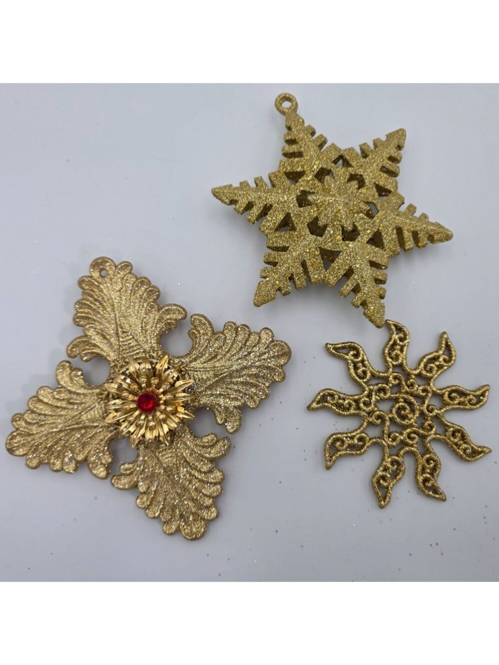 Gold Glitter Christmas Ornaments Set Of 3 Snowflake Star Decorative Holiday Deco